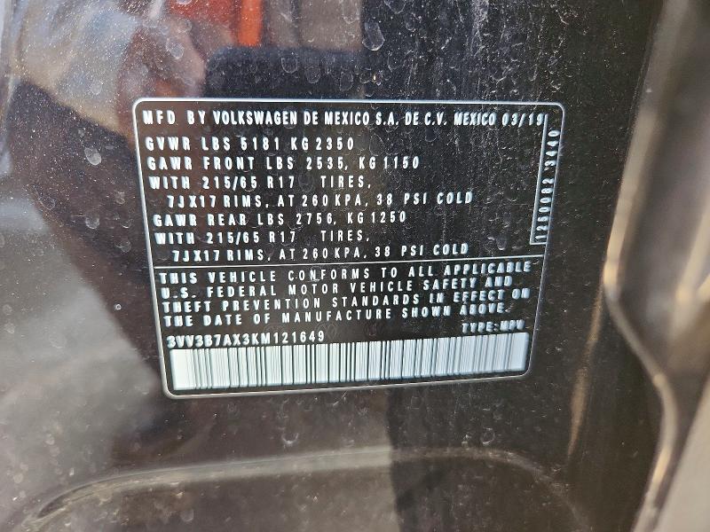 2019 Volkswagen Tiguan მანქანა იყიდება აუქციონზე, vin: 3VV3B7AX3KM121649, აუქციონის ნომერი: 67348336