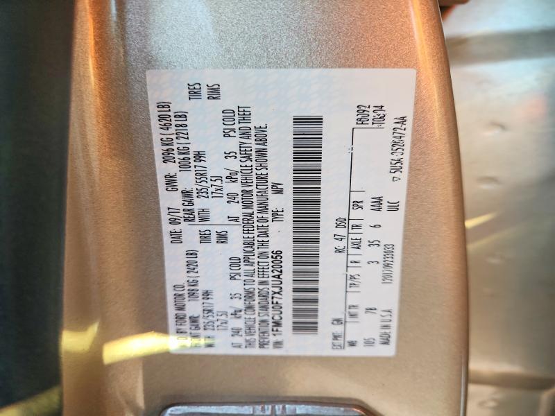 2018 Ford Escape მანქანა იყიდება აუქციონზე, vin: 1FMCU0F7XJUA20056, აუქციონის ნომერი: 68804266