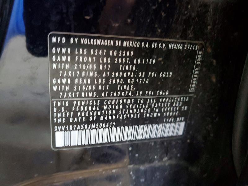 2018 Volkswagen Tiguan მანქანა იყიდება აუქციონზე, vin: 3VV1B7AX8JM200417, აუქციონის ნომერი: 68834876