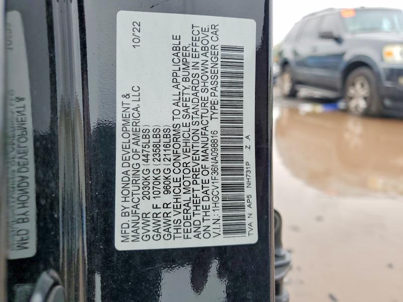 2022 Honda Accord მანქანა იყიდება აუქციონზე, vin: 1HGCV1F36NA098816, აუქციონის ნომერი: 69796866