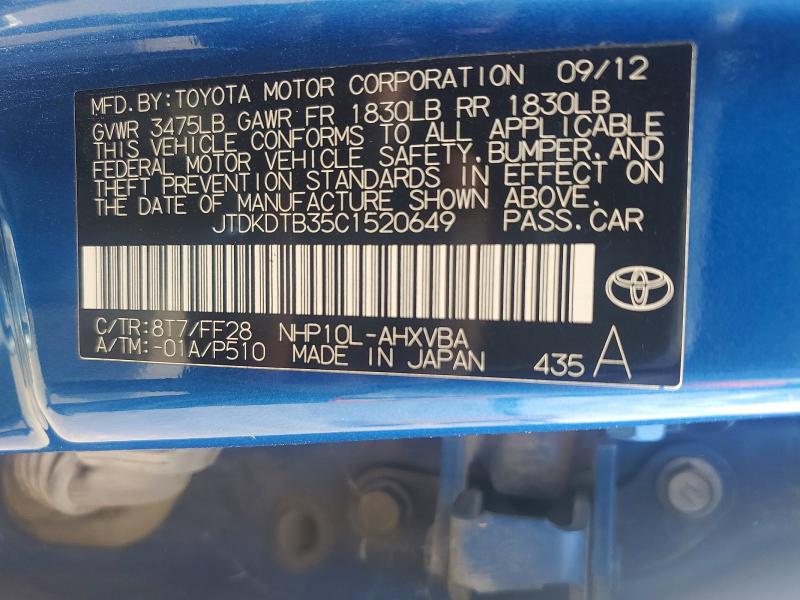 66849906 :رقم المزاد ، JTDKDTB35C1520649 vin ، 2012 Toyota Prius C مزاد بيع
