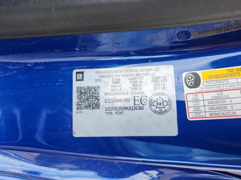 2019 Chevrolet Camaro მანქანა იყიდება აუქციონზე, vin: 1G1FB1RX9K0136360, აუქციონის ნომერი: 68083096