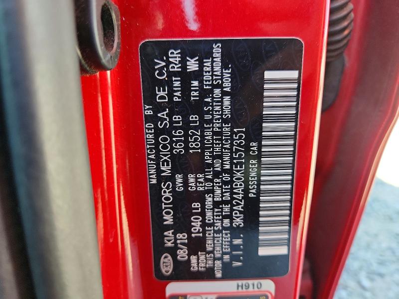 67910396 :رقم المزاد ، 3KPA24AB0KE157351 vin ، 2019 Kia Rio مزاد بيع