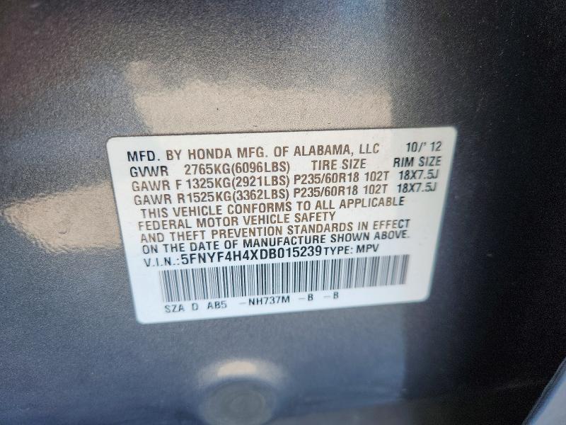 65605586 :رقم المزاد ، 5FNYF4H4XDB015239 vin ، 2013 Honda Pilot مزاد بيع