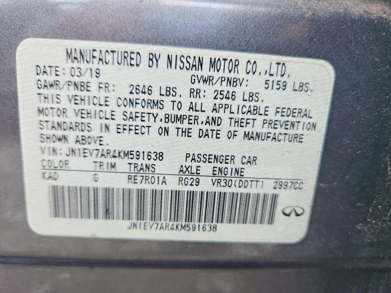 Aukcja sprzedaży 2019 Infiniti Q50, vin: JN1EV7AR4KM591638, numer aukcji: 67710846