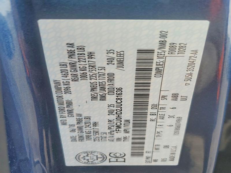 68743746 :رقم المزاد ، 1FMCU0HD2JUC81636 vin ، 2018 Ford Escape مزاد بيع