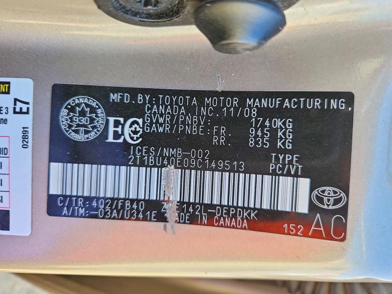 Продажа на аукционе авто 2009 Toyota Corolla, vin: 2T1BU40E09C149513, номер лота: 70104476