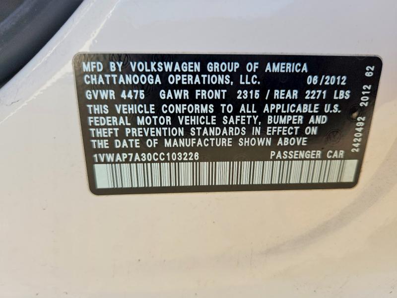 Продаж на аукціоні авто 2012 Volkswagen Passat, vin: 1VWAP7A30CC103226, номер лоту: 70384346