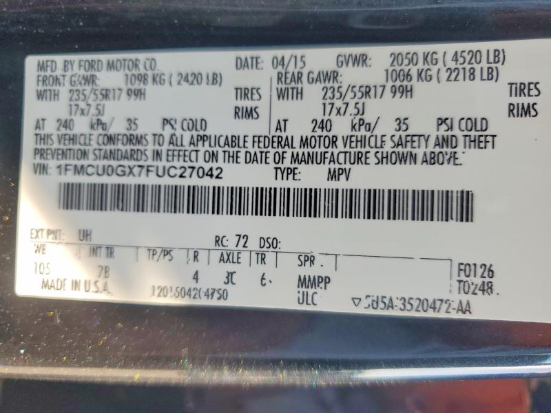 2015 Ford Escape მანქანა იყიდება აუქციონზე, vin: 1FMCU0GX7FUC27042, აუქციონის ნომერი: 67697906