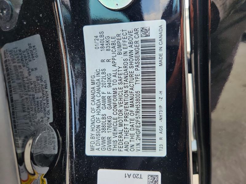2024 Honda Civic მანქანა იყიდება აუქციონზე, vin: 2HGFE2F57RH538005, აუქციონის ნომერი: 67739136