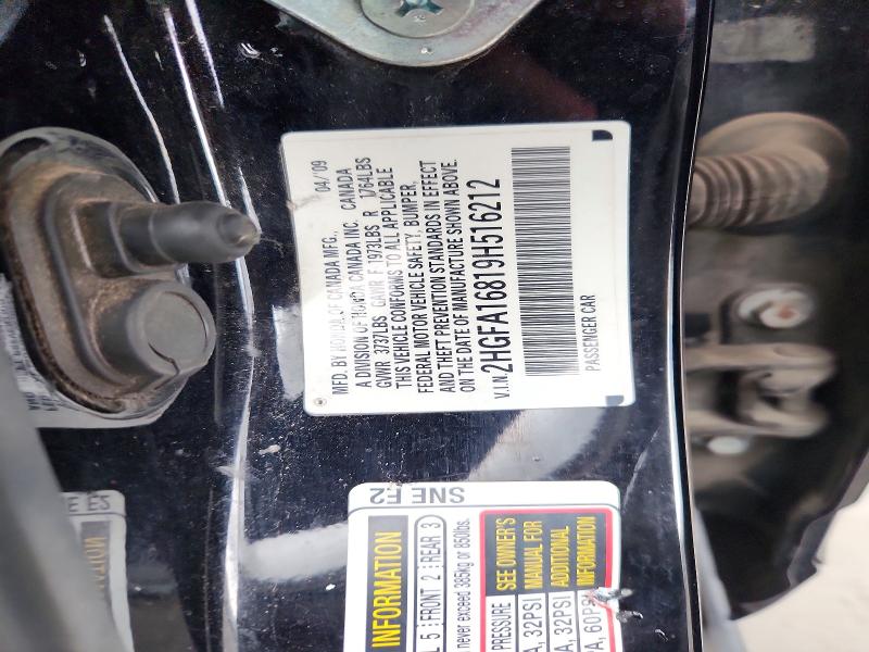 68598676 :رقم المزاد ، 2HGFA16819H516212 vin ، 2009 Honda Civic مزاد بيع