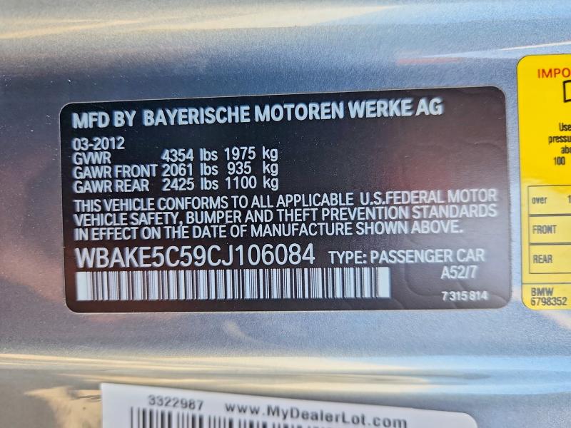 Продаж на аукціоні авто 2012 Bmw 328, vin: WBAKE5C59CJ106084, номер лоту: 70268706