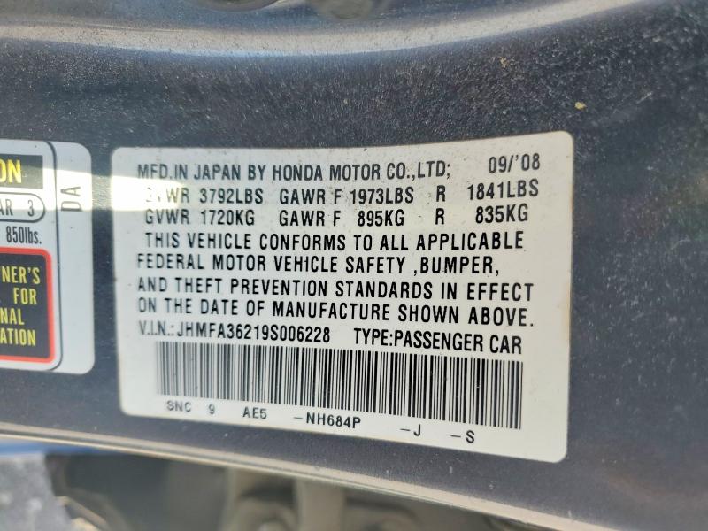 2009 Honda Civic მანქანა იყიდება აუქციონზე, vin: JHMFA36219S006228, აუქციონის ნომერი: 70738986