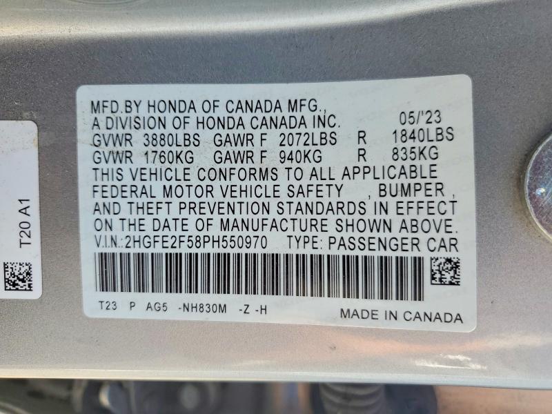 Продажа на аукционе авто 2023 Honda Civic, vin: 2HGFE2F58PH550970, номер лота: 69207446
