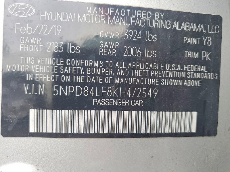 66798476 :رقم المزاد ، 5NPD84LF8KH472549 vin ، 2019 Hyundai Elantra مزاد بيع