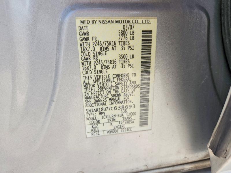 Продажа на аукционе авто 2007 Nissan Pathfinder, vin: 5N1AR18U77C638693, номер лота: 70123726