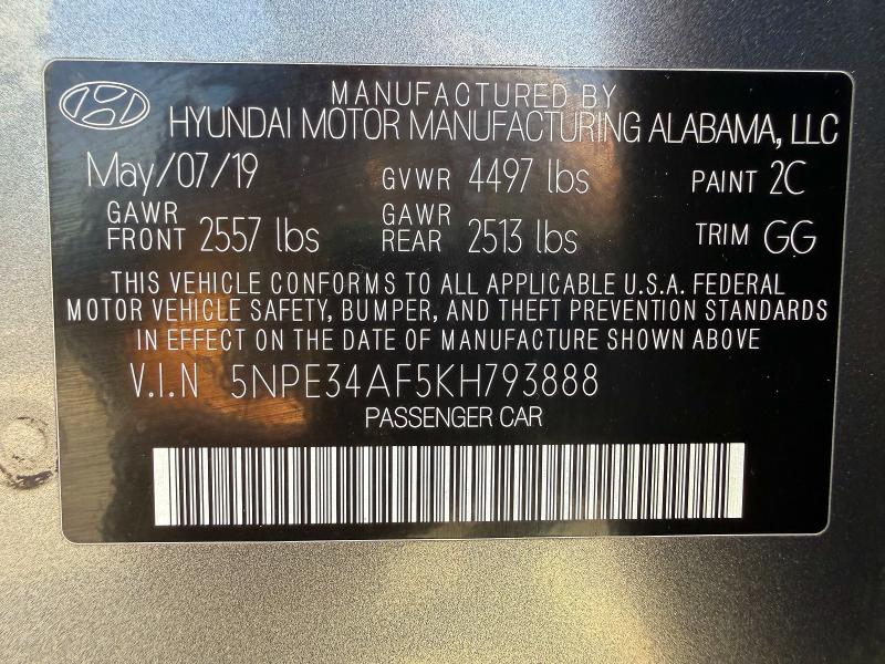 2019 Hyundai Sonata მანქანა იყიდება აუქციონზე, vin: 5NPE34AF5KH793888, აუქციონის ნომერი: 69546386
