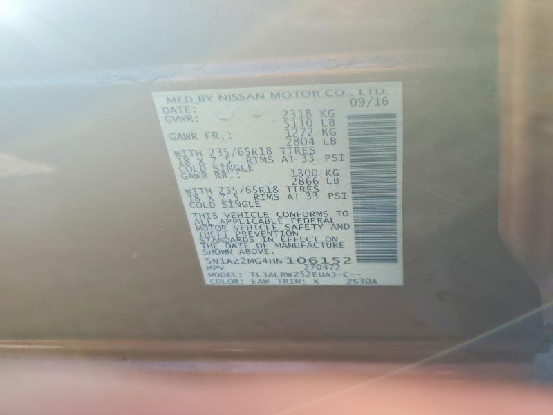 2017 Nissan Murano მანქანა იყიდება აუქციონზე, vin: 5N1AZ2MG4HN106152, აუქციონის ნომერი: 67788636