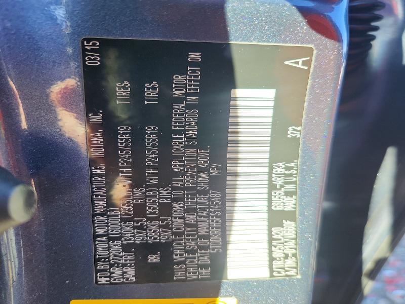 Aukcja sprzedaży 2015 Toyota Highlander, vin: 5TDDKRFH5FS145487, numer aukcji: 68123556