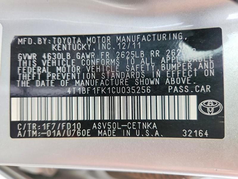 Aukcja sprzedaży 2012 Toyota Camry, vin: 4T1BF1FK1CU035256, numer aukcji: 70551606