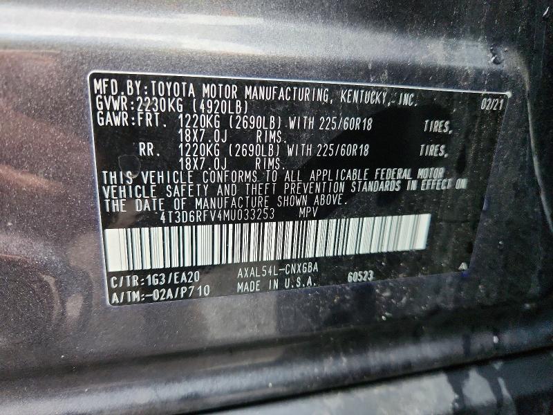 2021 Toyota Rav4 მანქანა იყიდება აუქციონზე, vin: 4T3D6RFV4MU033253, აუქციონის ნომერი: 67254106