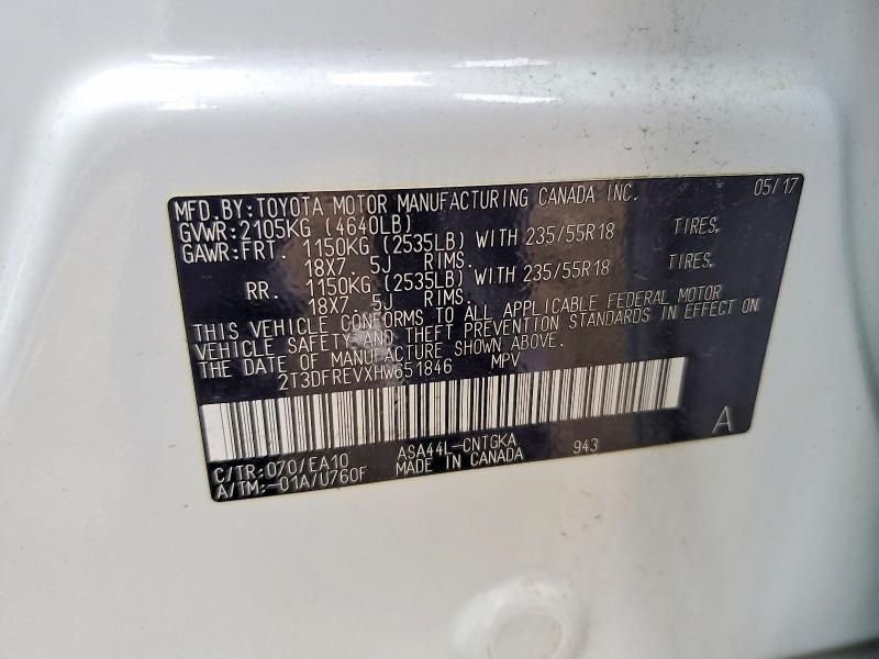 2017 Toyota Rav4 მანქანა იყიდება აუქციონზე, vin: 2T3DFREVXHW651846, აუქციონის ნომერი: 70340096