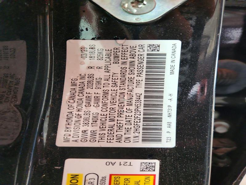 2023 Honda Civic მანქანა იყიდება აუქციონზე, vin: 2HGFE2F23PH538442, აუქციონის ნომერი: 68555786