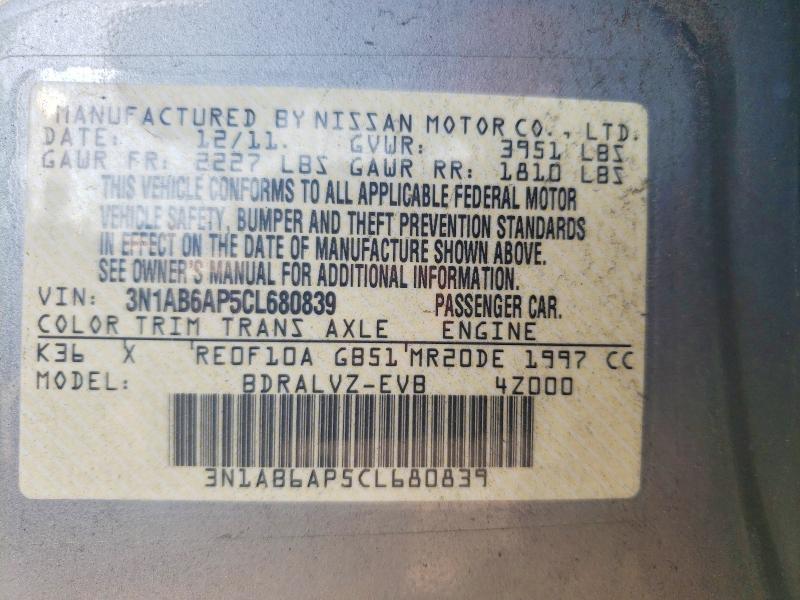 66457816 :رقم المزاد ، 3N1AB6AP5CL680839 vin ، 2012 Nissan Sentra مزاد بيع
