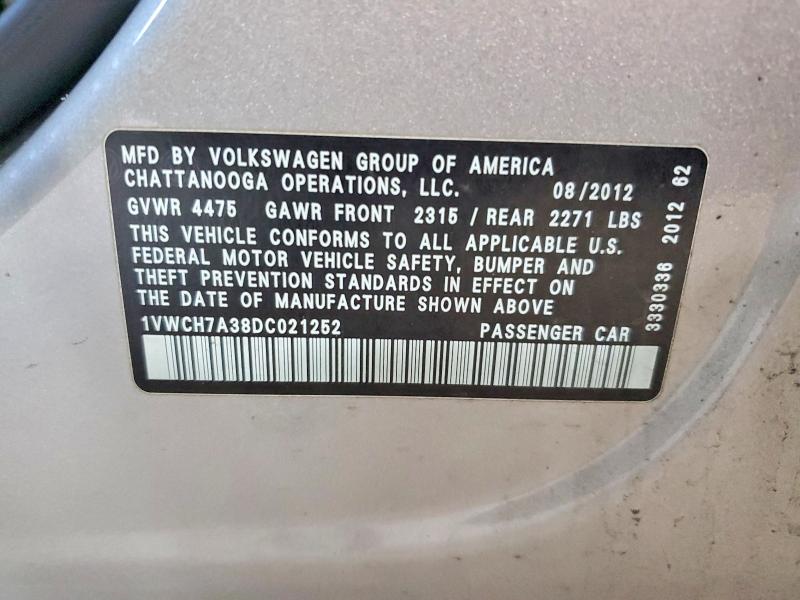 Aukcja sprzedaży 2013 Volkswagen Passat, vin: 1VWCH7A38DC021252, numer aukcji: 68328916