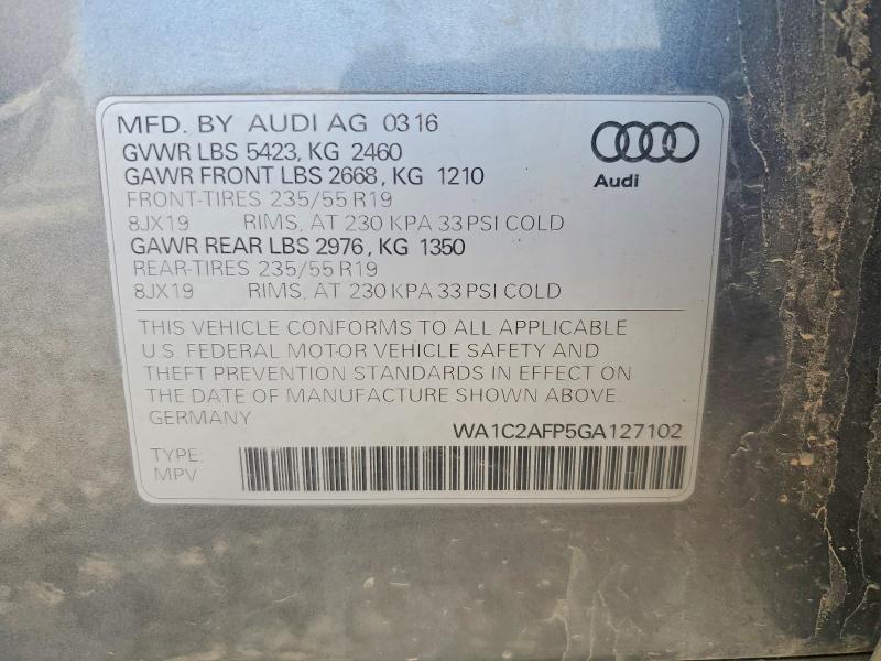 2016 Audi Q5 მანქანა იყიდება აუქციონზე, vin: WA1C2AFP5GA127102, აუქციონის ნომერი: 69969046