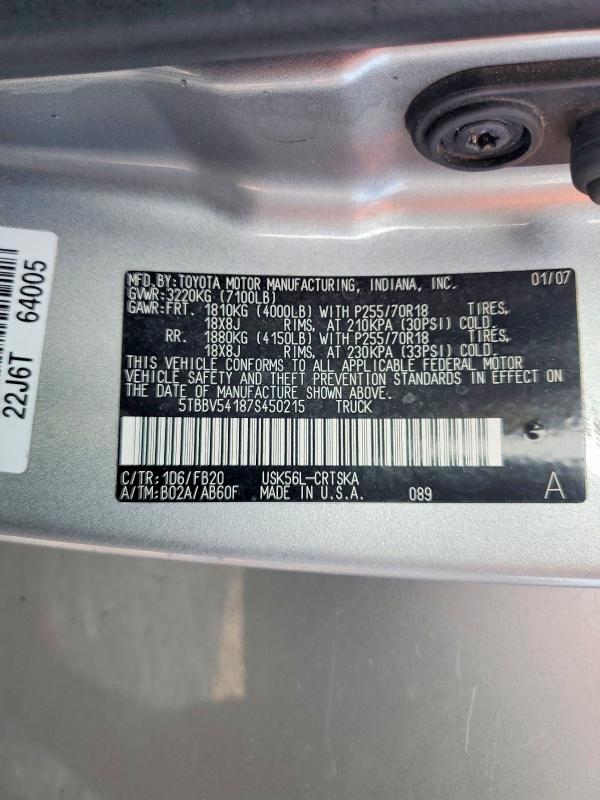 Продаж на аукціоні авто 2007 Toyota Tundra, vin: 5TBBV54187S450215, номер лоту: 67419236