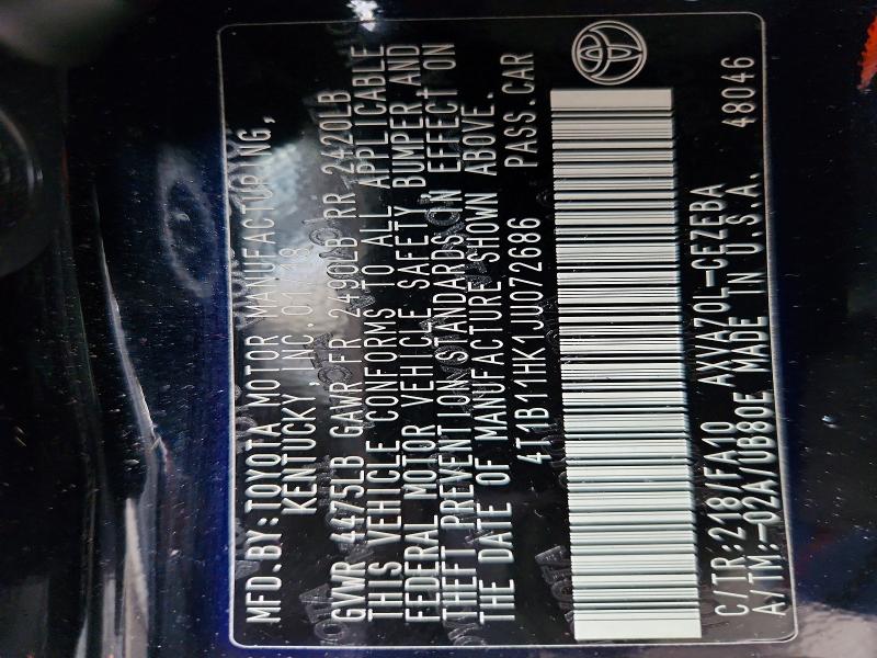 2018 Toyota Camry მანქანა იყიდება აუქციონზე, vin: 4T1B11HK1JU072686, აუქციონის ნომერი: 68542996