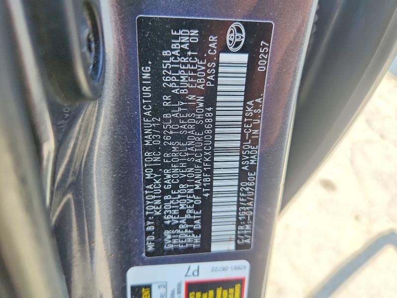 2012 Toyota Camry მანქანა იყიდება აუქციონზე, vin: 4T1BF1FKXCU086884, აუქციონის ნომერი: 68746816
