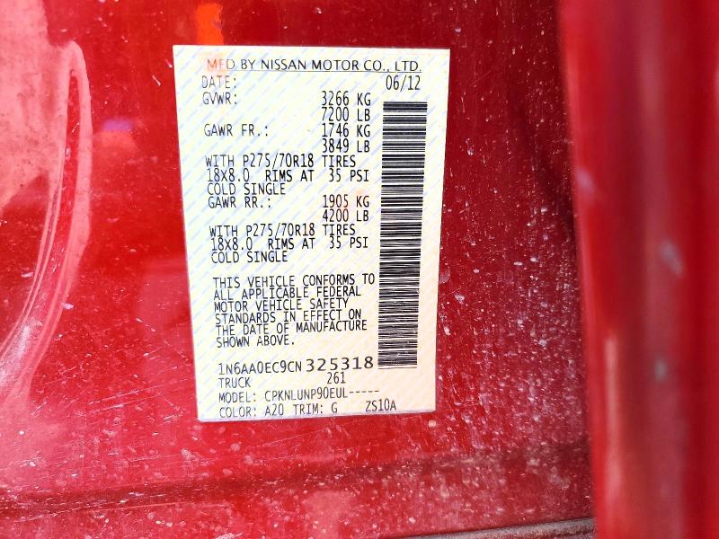 2012 Nissan Titan მანქანა იყიდება აუქციონზე, vin: 1N6AA0EC9CN325318, აუქციონის ნომერი: 67591806