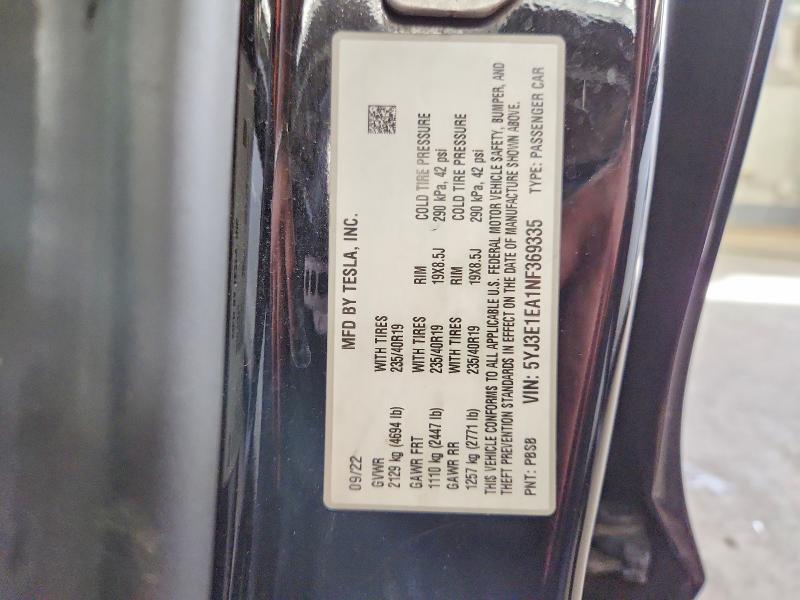 67679876 :رقم المزاد ، 5YJ3E1EA1NF369335 vin ، 2022 Tesla Model 3 مزاد بيع