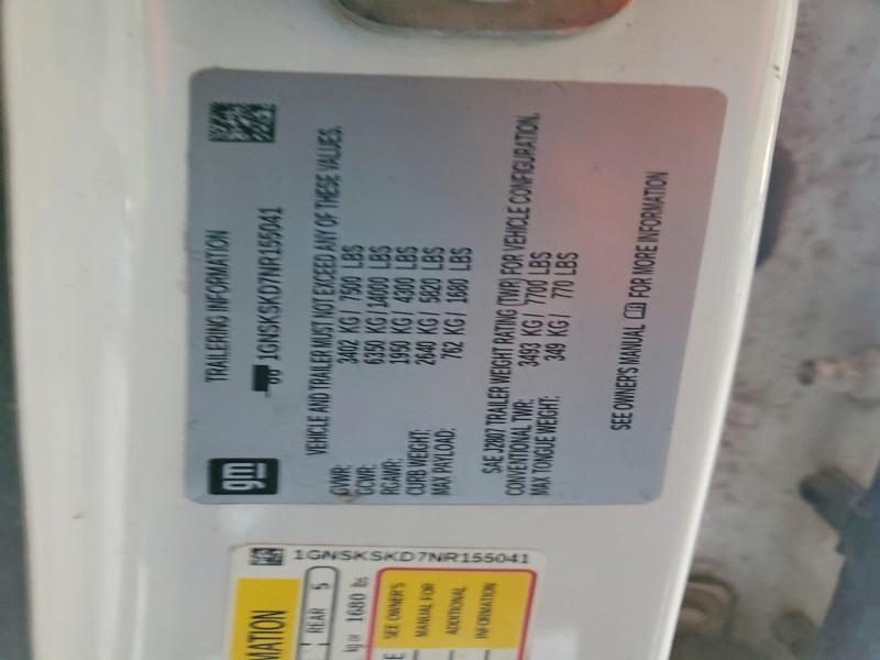 67313346 :رقم المزاد ، 1GNSKSKD7NR155041 vin ، 2022 Chevrolet Tahoe مزاد بيع