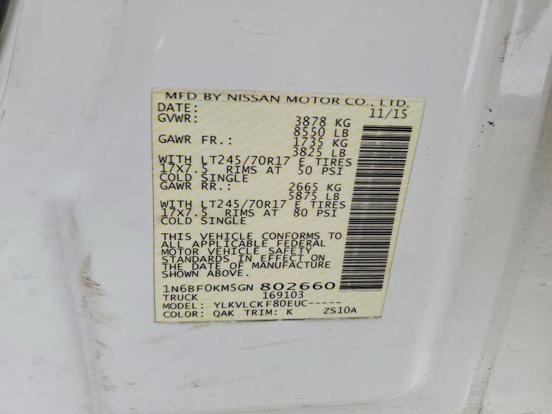 2016 Nissan Nv მანქანა იყიდება აუქციონზე, vin: 1N6BF0KM5GN802660, აუქციონის ნომერი: 68983476