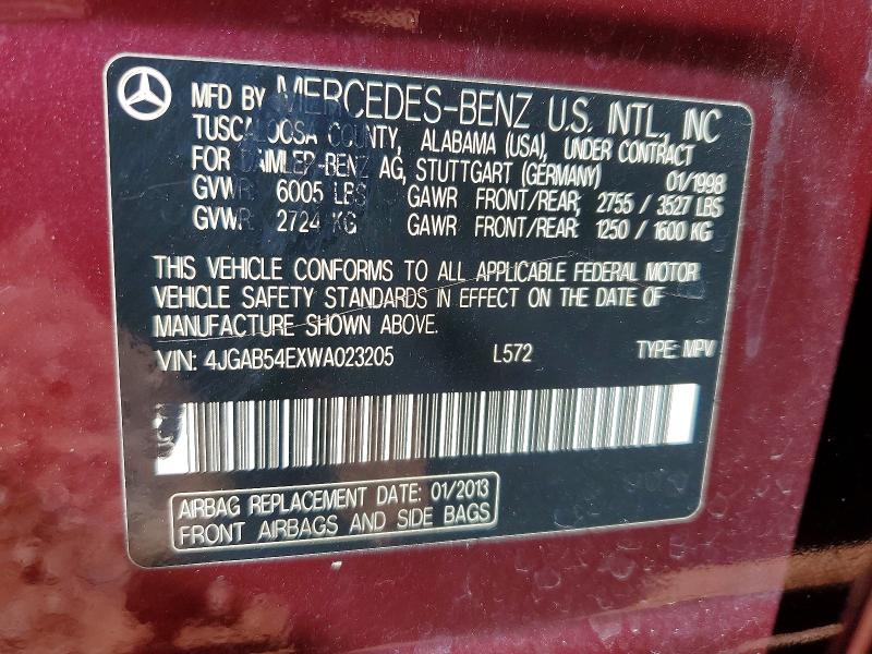 70680226 :رقم المزاد ، 4JGAB54EXWA023205 vin ، 1998 Mercedes-benz Ml مزاد بيع