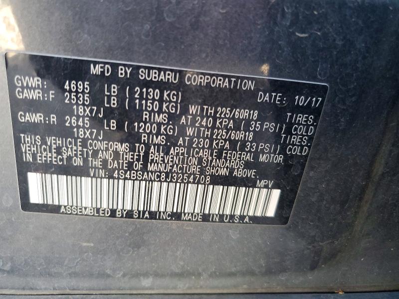 67035166 :رقم المزاد ، 4S4BSANC8J3254708 vin ، 2018 Subaru Outback مزاد بيع
