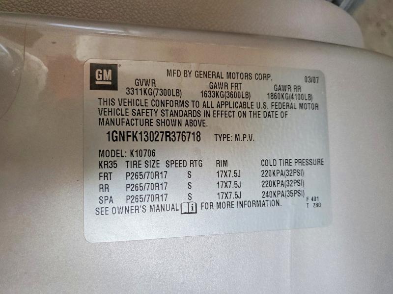 Продажа на аукционе авто 2007 Chevrolet Tahoe, vin: 1GNFK13027R376718, номер лота: 69500926