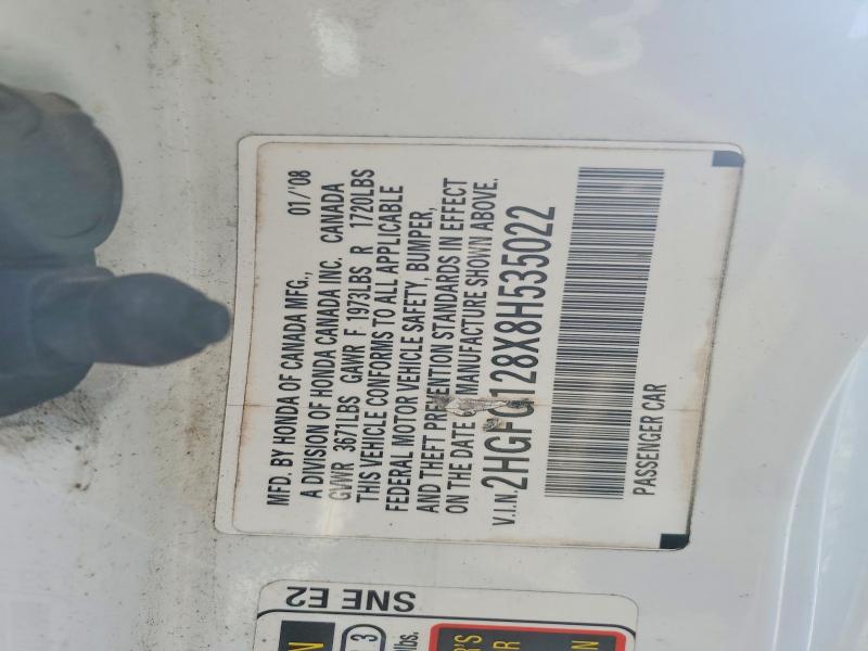 2008 Honda Civic მანქანა იყიდება აუქციონზე, vin: 2HGFG128X8H535022, აუქციონის ნომერი: 70941526