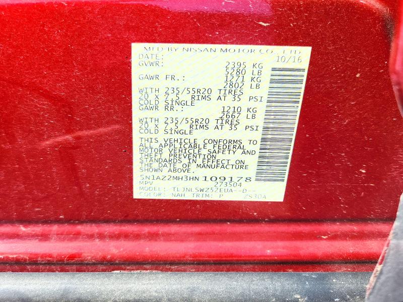 70494946 :رقم المزاد ، 5N1AZ2MH3HN109178 vin ، 2017 Nissan Murano مزاد بيع