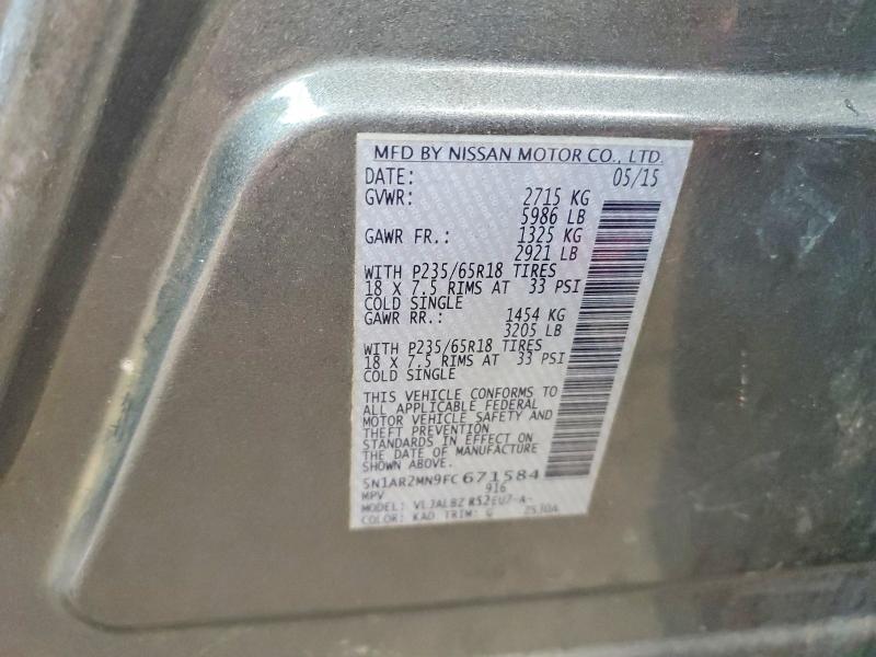 2015 Nissan Pathfinder მანქანა იყიდება აუქციონზე, vin: 5N1AR2MN9FC671584, აუქციონის ნომერი: 70043226
