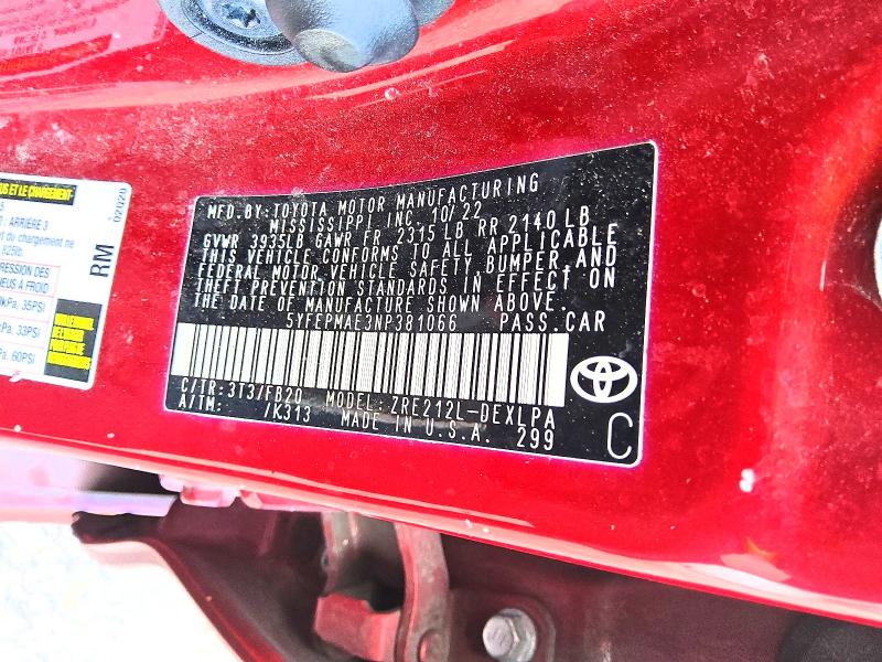 69708866 :رقم المزاد ، 5YFEPMAE3NP381066 vin ، 2022 Toyota Corolla مزاد بيع
