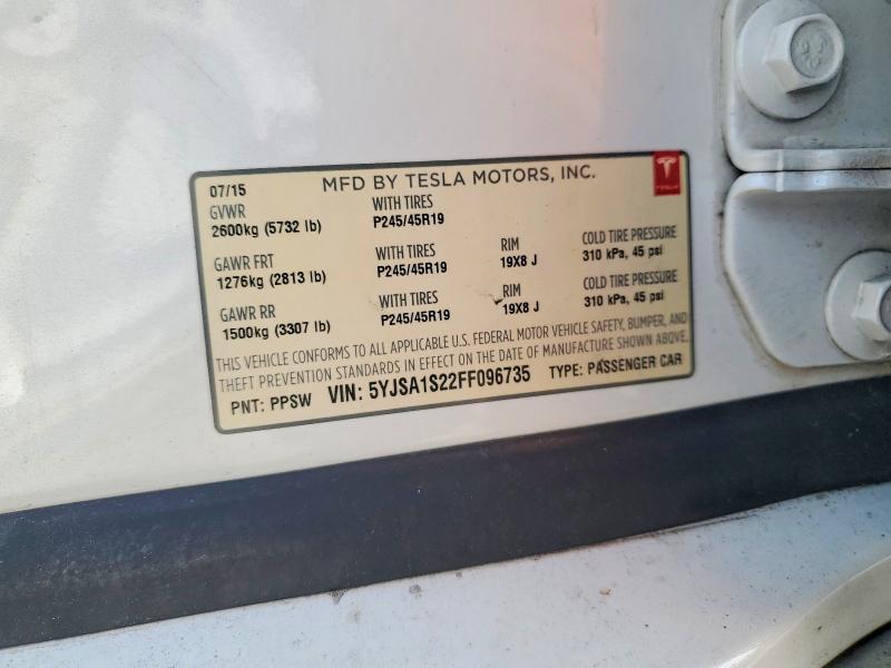 2015 Tesla Model S მანქანა იყიდება აუქციონზე, vin: 5YJSA1S22FF096735, აუქციონის ნომერი: 68415646