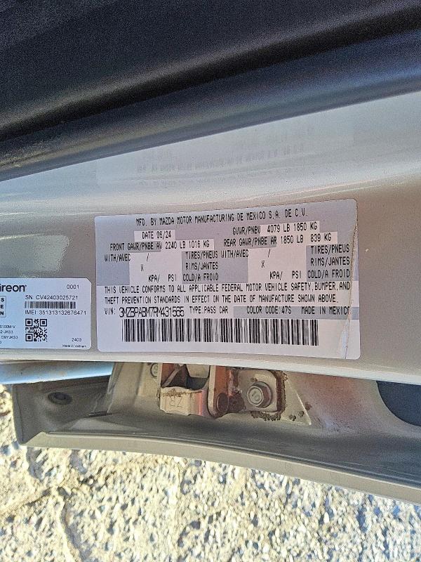 2024 Mazda 3 მანქანა იყიდება აუქციონზე, vin: 3MZBPABM7RM431565, აუქციონის ნომერი: 66050466