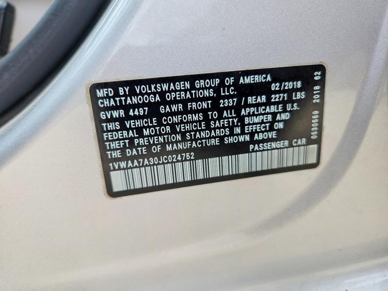 2018 Volkswagen Passat მანქანა იყიდება აუქციონზე, vin: 1VWAA7A30JC024752, აუქციონის ნომერი: 67716006