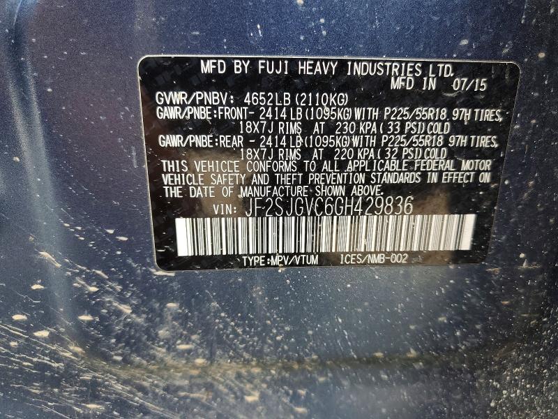 2016 Subaru Forester მანქანა იყიდება აუქციონზე, vin: JF2SJGVC6GH429836, აუქციონის ნომერი: 68739346