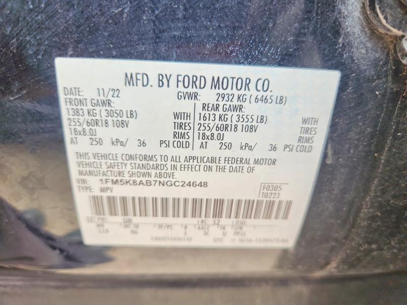 2022 Ford Explorer მანქანა იყიდება აუქციონზე, vin: 1FM5K8AB7NGC24648, აუქციონის ნომერი: 67899636