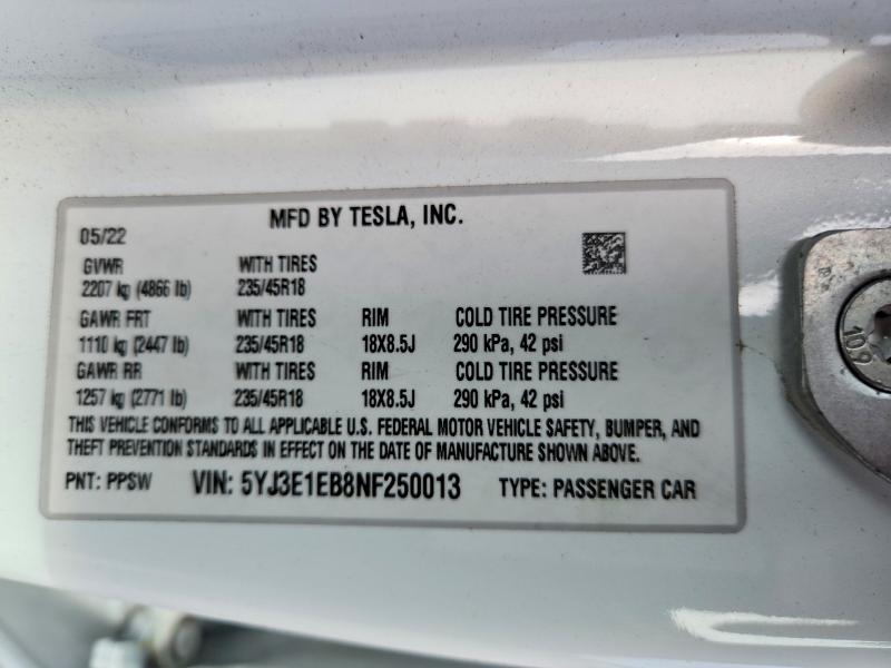 Aukcja sprzedaży 2022 Tesla Model 3, vin: 5YJ3E1EB8NF250013, numer aukcji: 67381496